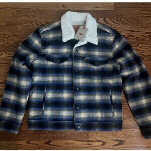 Levi's Mens Size M Standard Twill Sherpa Trucker Jacket Blue Plaid Wool/Poly